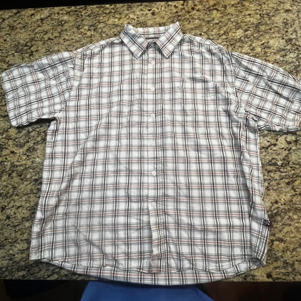 Phat Farm Mens 3X Plaid Button Down Shirt Short Sleeve Brown White Orange Casual